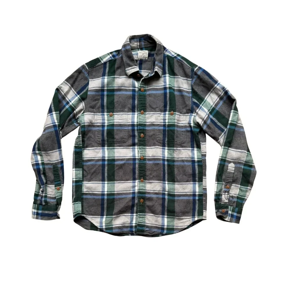 J. Crew Men's Gray Green Slim Plaid Flannel Button Up Long Sleeve Shirt Size M
